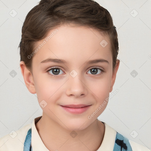 Joyful white child female with short  brown hair and brown eyes