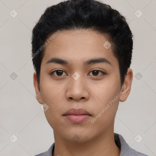 Neutral latino young-adult male with short  black hair and brown eyes