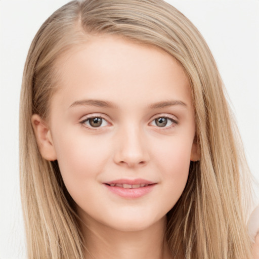 Joyful white child female with long  brown hair and brown eyes