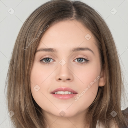 Neutral white young-adult female with long  brown hair and brown eyes