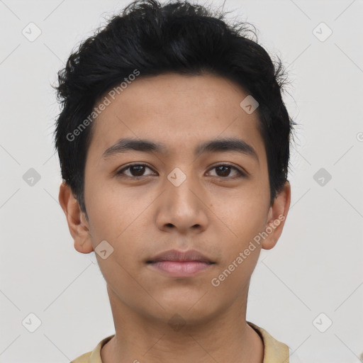 Neutral asian young-adult male with short  black hair and brown eyes
