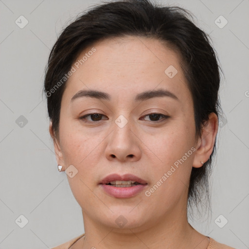 Joyful white young-adult female with medium  brown hair and brown eyes