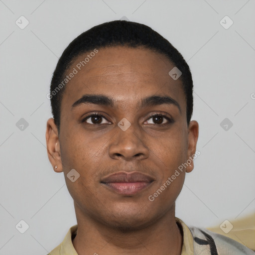 Neutral black young-adult male with short  black hair and brown eyes