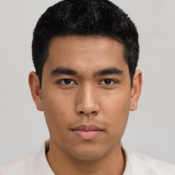 Neutral asian young-adult male with short  black hair and brown eyes