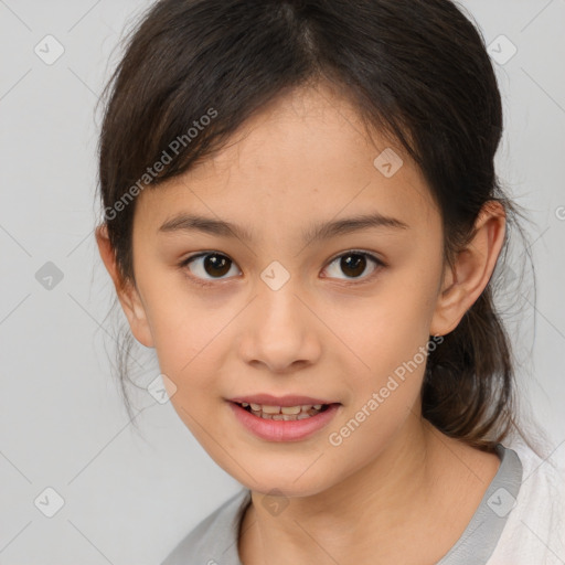 Joyful white child female with medium  brown hair and brown eyes