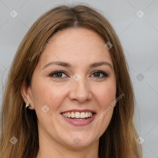 Joyful white young-adult female with long  brown hair and brown eyes