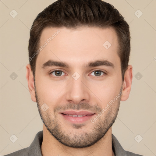 Joyful white young-adult male with short  brown hair and brown eyes