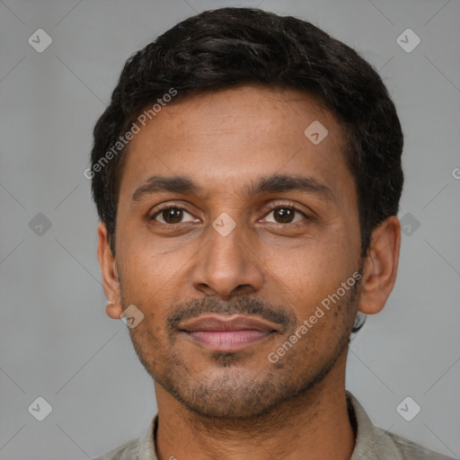 Neutral latino young-adult male with short  black hair and brown eyes