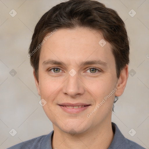 Joyful white adult female with short  brown hair and brown eyes