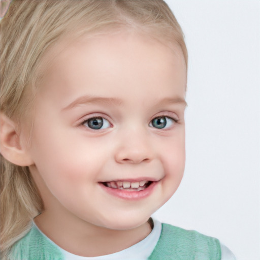 Joyful white child female with short  brown hair and blue eyes