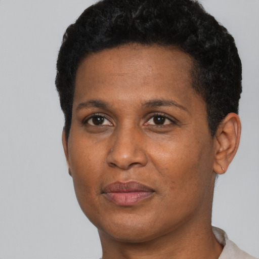 Joyful black adult female with short  brown hair and brown eyes