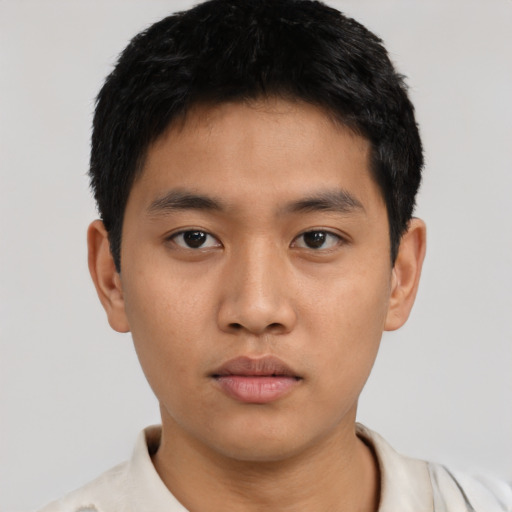Neutral asian young-adult male with short  black hair and brown eyes