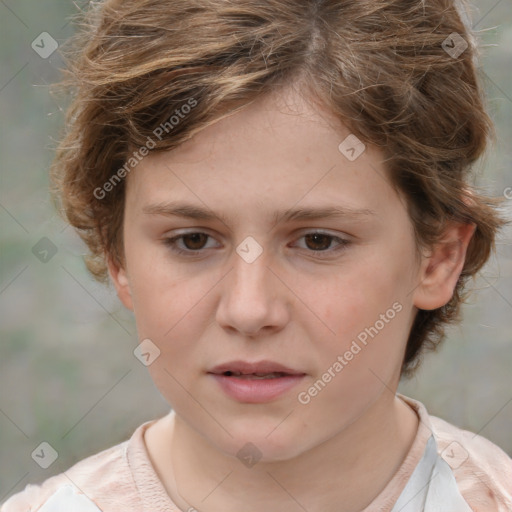 Joyful white child female with medium  brown hair and brown eyes