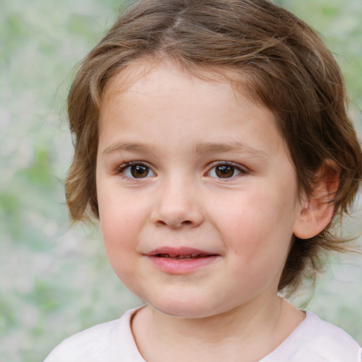 Joyful white child female with medium  brown hair and brown eyes