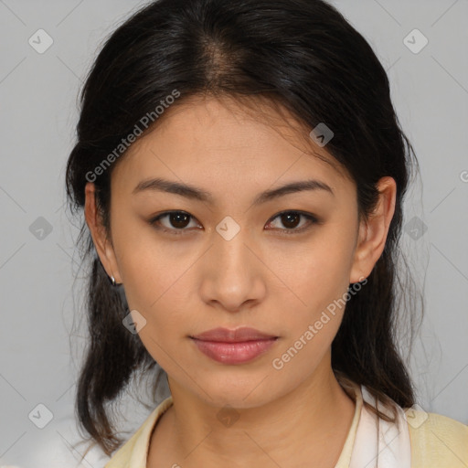 Neutral asian young-adult female with medium  brown hair and brown eyes