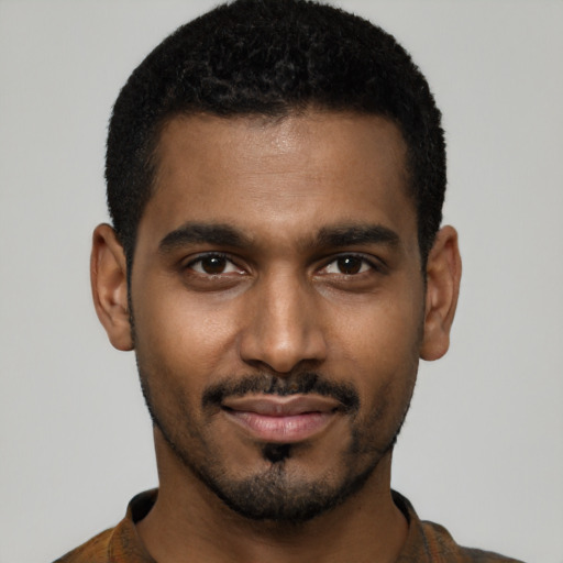 Neutral black young-adult male with short  black hair and brown eyes
