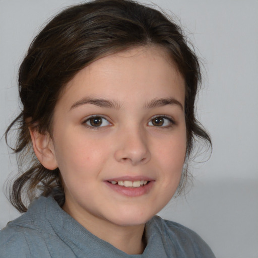 Joyful white child female with medium  brown hair and brown eyes