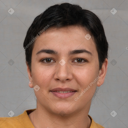 Joyful white young-adult female with short  brown hair and brown eyes