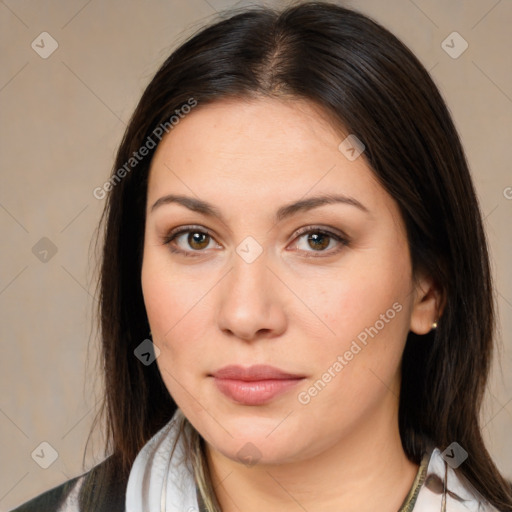 Neutral white young-adult female with medium  brown hair and brown eyes