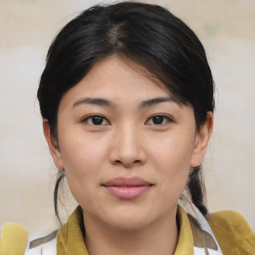Neutral asian young-adult female with medium  brown hair and brown eyes