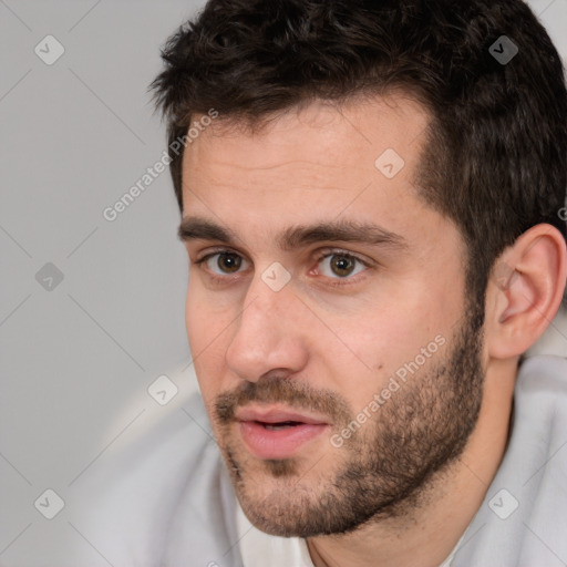 Neutral white young-adult male with short  brown hair and brown eyes