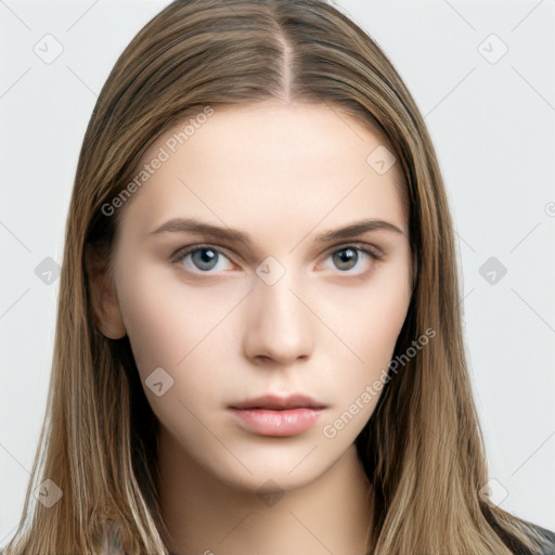 Neutral white young-adult female with long  brown hair and brown eyes