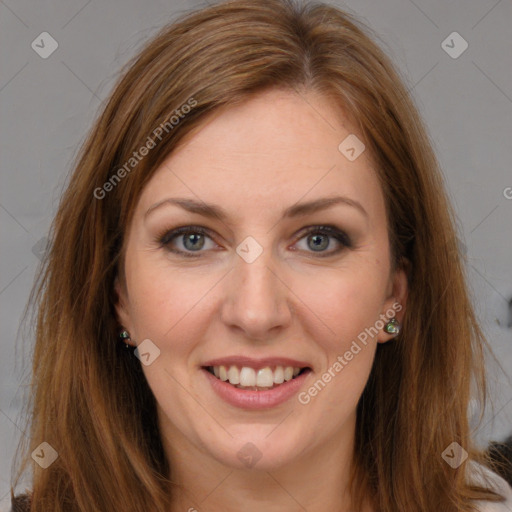 Joyful white young-adult female with long  brown hair and green eyes