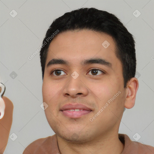 Neutral white young-adult male with short  black hair and brown eyes