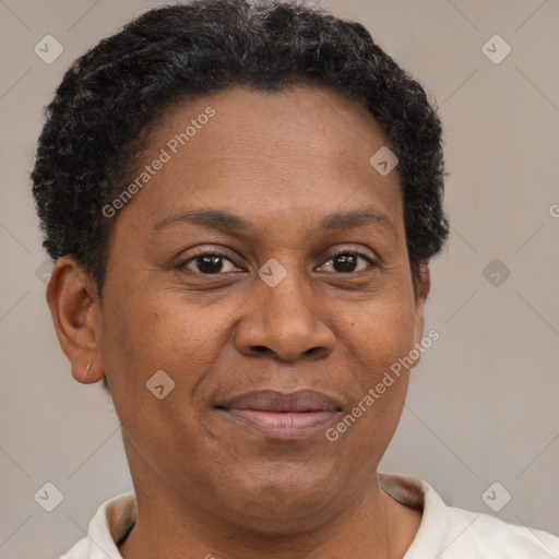 Joyful black adult female with short  brown hair and brown eyes