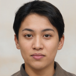 Neutral asian young-adult female with short  black hair and brown eyes