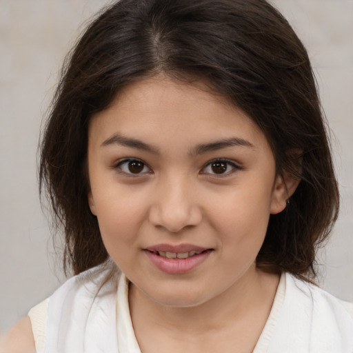 Joyful white child female with medium  brown hair and brown eyes
