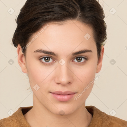 Neutral white young-adult female with short  brown hair and brown eyes