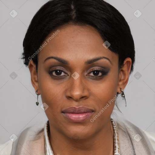 Joyful black young-adult female with short  brown hair and brown eyes