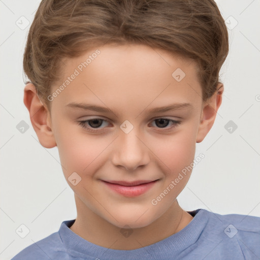 Joyful white child female with short  brown hair and brown eyes