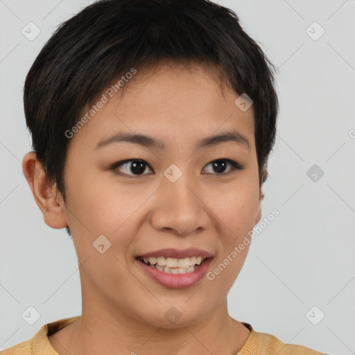 Joyful asian young-adult female with short  brown hair and brown eyes