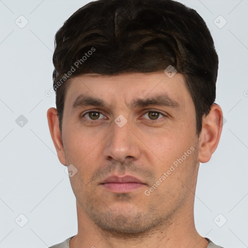 Neutral white young-adult male with short  brown hair and brown eyes