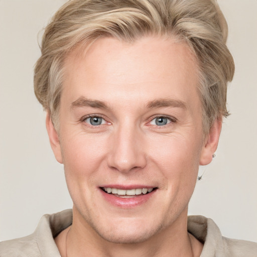 Joyful white adult male with short  brown hair and grey eyes