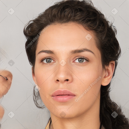 Neutral white young-adult female with medium  brown hair and brown eyes