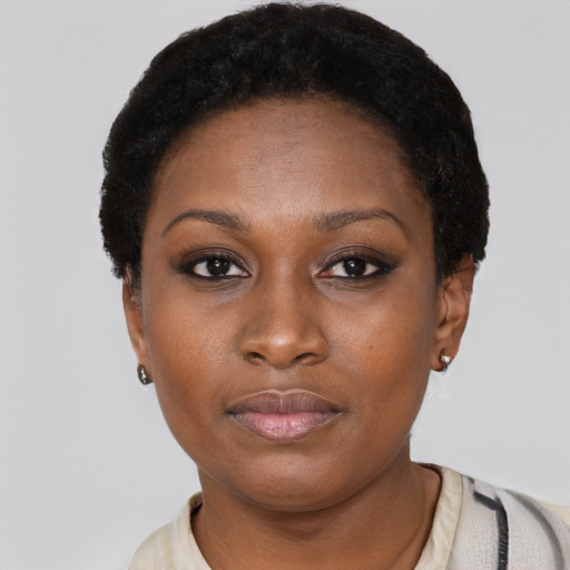 Neutral black young-adult female with short  black hair and brown eyes