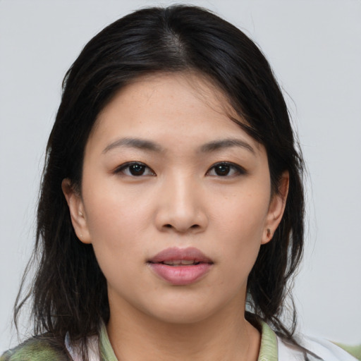 Neutral asian young-adult female with medium  brown hair and brown eyes