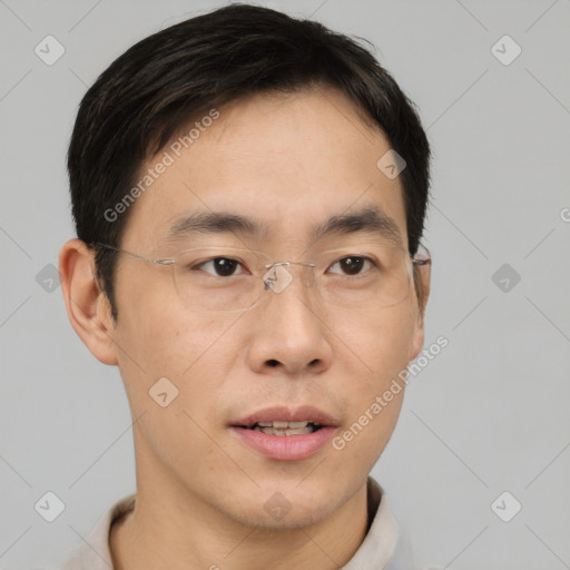 Neutral asian young-adult male with short  brown hair and brown eyes