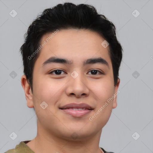 Joyful asian young-adult male with short  brown hair and brown eyes