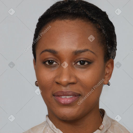 Joyful latino young-adult female with short  black hair and brown eyes