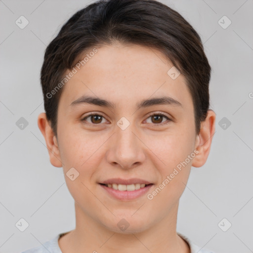 Joyful white young-adult female with short  brown hair and brown eyes