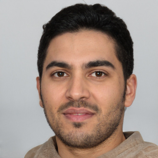 Neutral white young-adult male with short  black hair and brown eyes