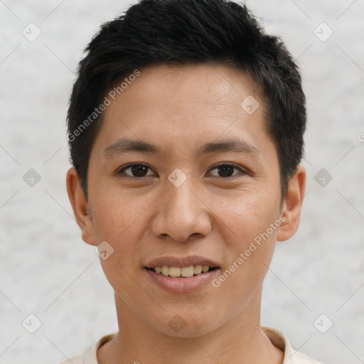 Joyful asian young-adult female with short  brown hair and brown eyes