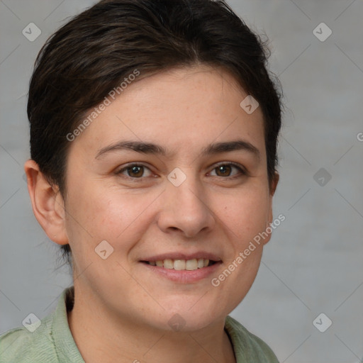 Joyful white young-adult female with short  brown hair and brown eyes