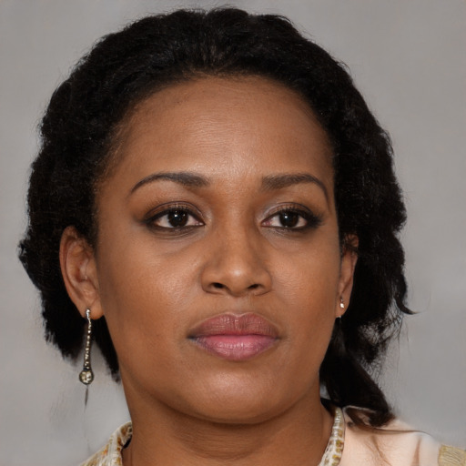 Joyful black adult female with medium  brown hair and brown eyes