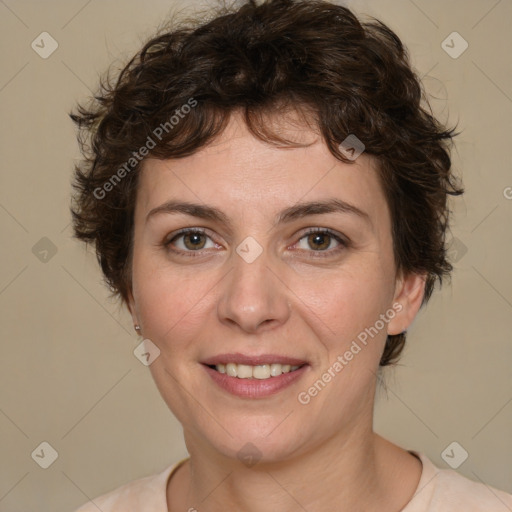 Joyful white young-adult female with medium  brown hair and green eyes