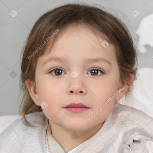 Neutral white child female with medium  brown hair and blue eyes